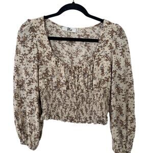 For Good Floral Scoop Neck Smocked Cropped Womens Blouse Sz S Boho